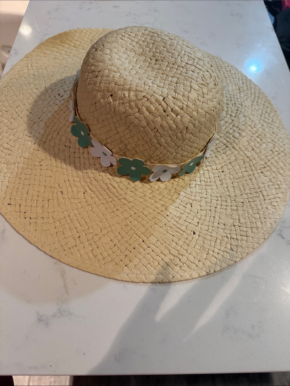Janie and Jack Straw Sun Hat with Green and White Flower Band